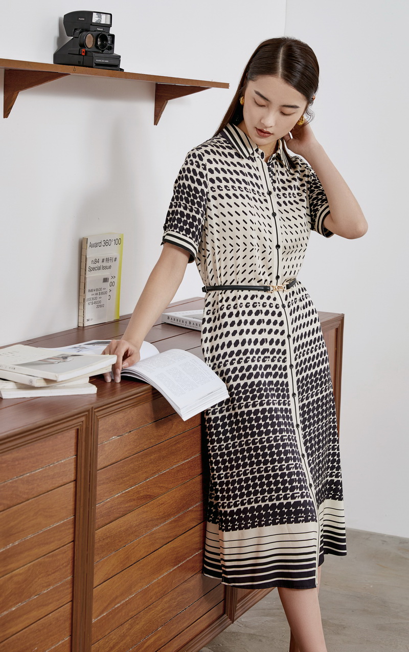 GAT-YRQ81092 Ladies' mulberry silk spandex blend stretch woven printed dress