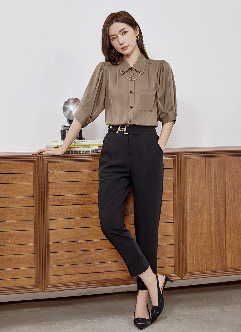 GAT-YRQ68937 Ladies' mulberry silk spandex blend stretch shiny woven shirt