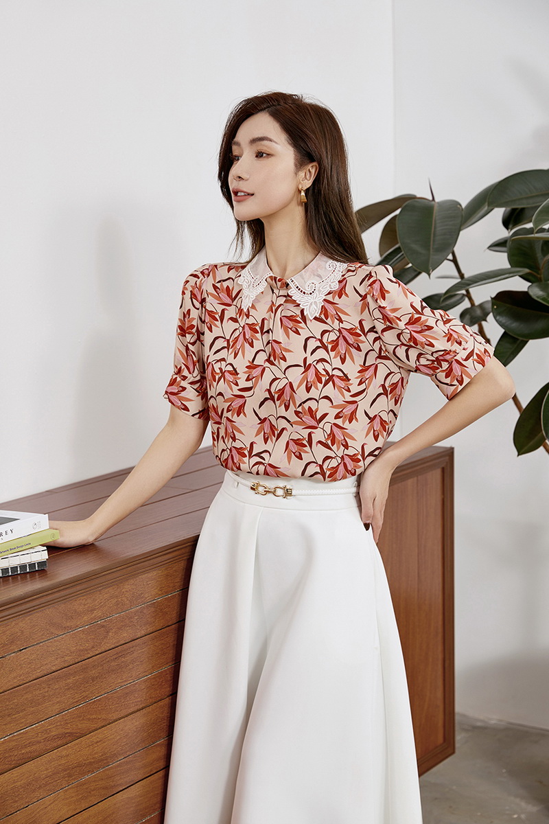 GAT-YRQ68957 Ladies' mulberry silk spandex blend stretch woven printed shirt