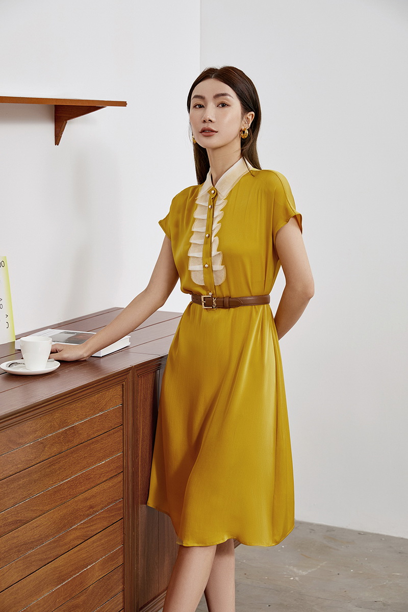 GAT-YRQ81079 Ladies' mulberry silk spandex blend stretch shiny woven dress